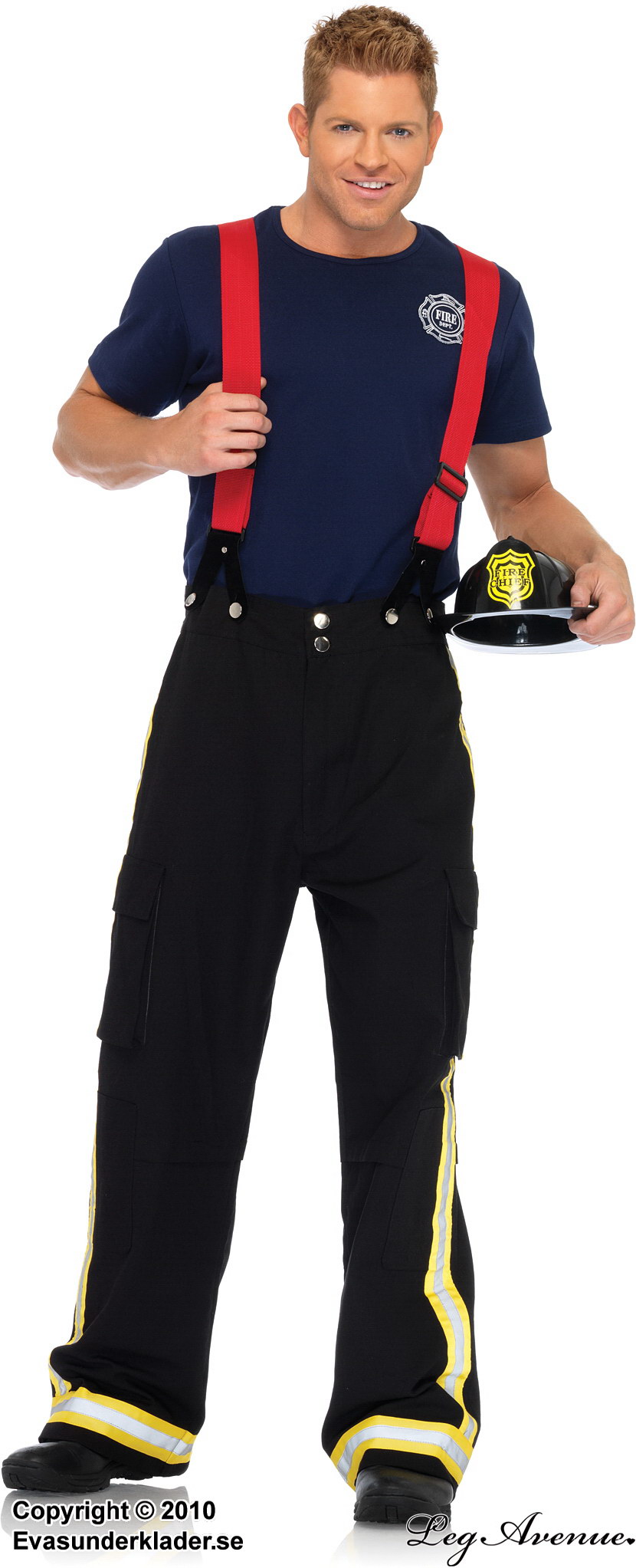 Brandman, maskeraddräkt med t-shirt och byxa, hängslen